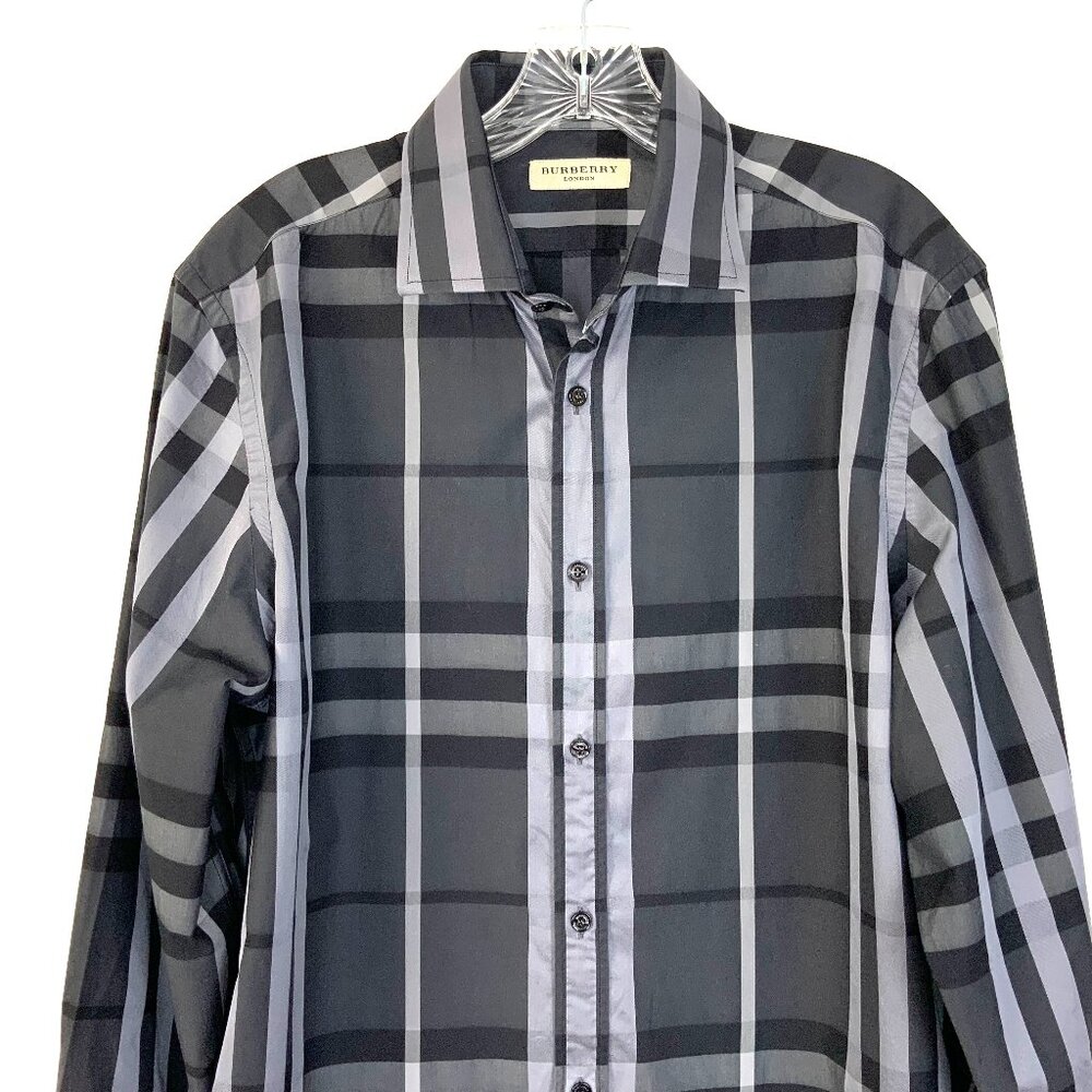 Burberry London Charcoal Gray Check Cotton Button Down Shirt Sz 16/34-35 - Picture 3 of 16